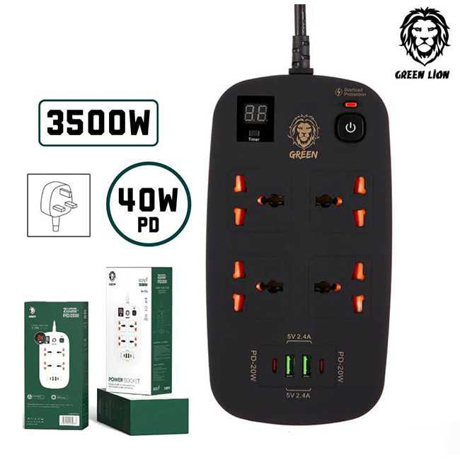 Green lion 4 AC 2 USB & 2 USB-C PD 40W Multiport Smart Power Socket 3500W (3M)