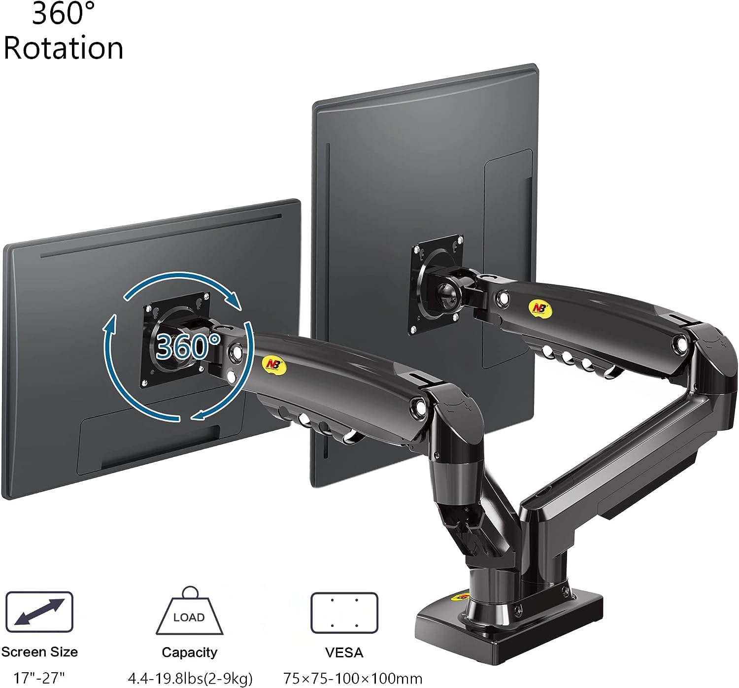 Dual Monitor Desk Mount Stand Gas Spring 360 Degree Full Rotation ; Computer Monitor Arm for Two Screens 17″ – 27″ Inch with 2~9 Kg Load Capacity for Each Display ;  F160