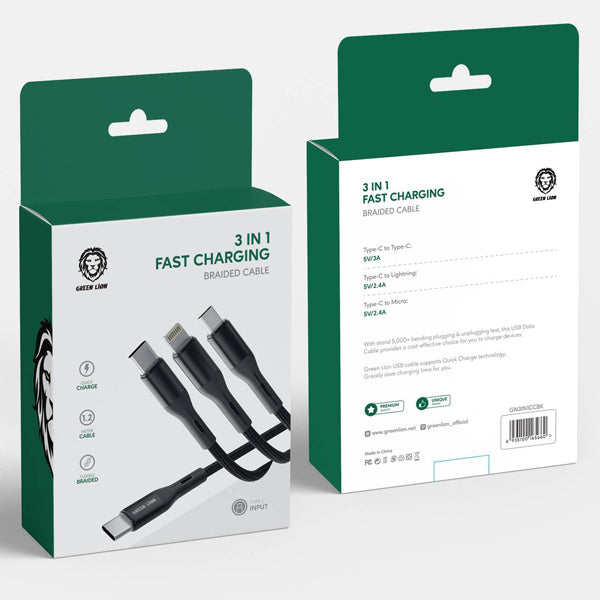 Green Lion 3 In 1 Fast Charging Braided Cable 1.2m