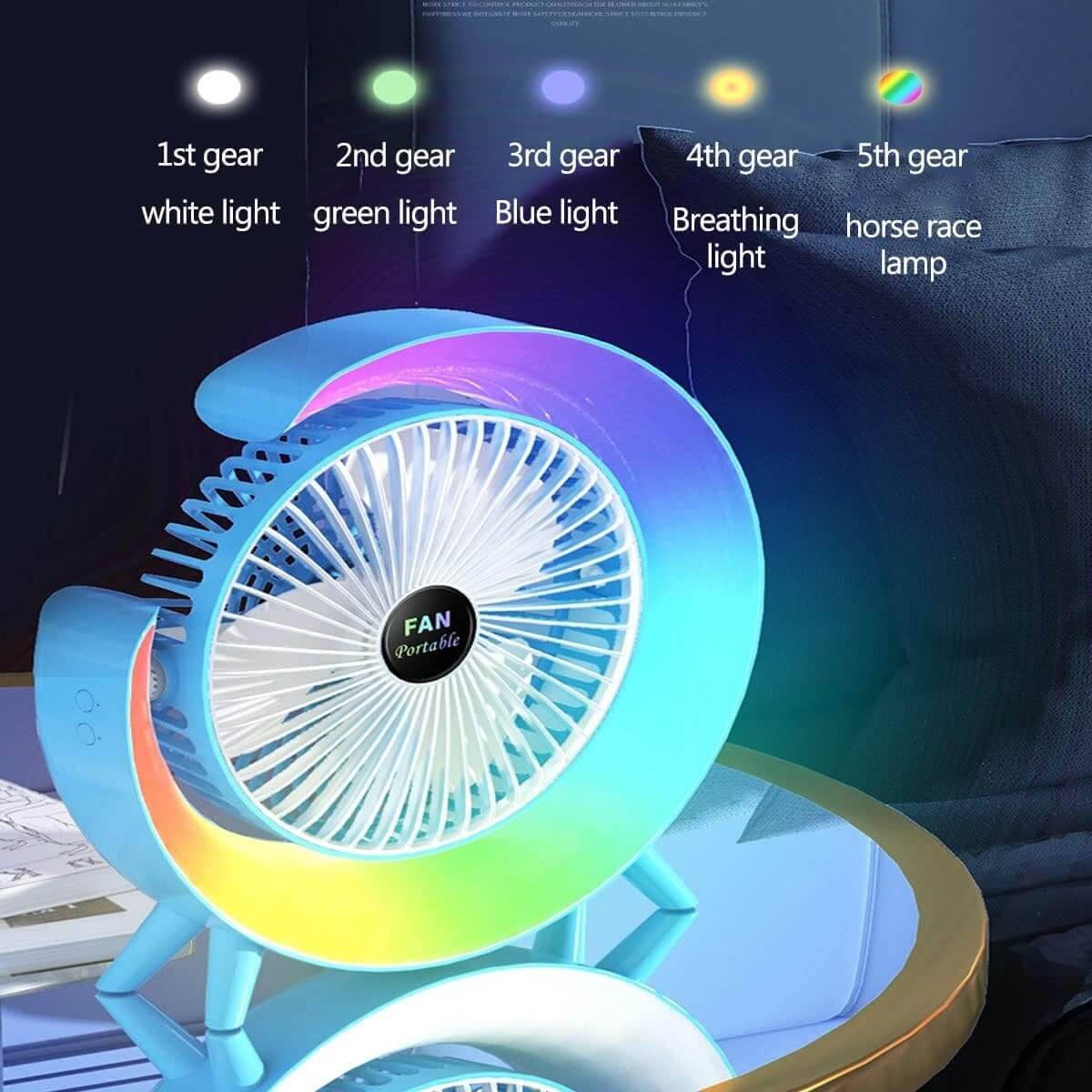 Multifunctional Colorful desktop small fan, portable floor mounted fan with light, USB charging personal fan, air circulation fan, 5-light, large capacity battery