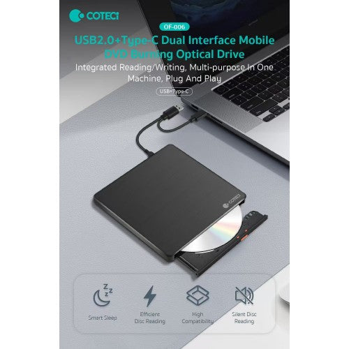 COTEETCI USB 2.0 AND TYPE-C DUAL INTERFACE MOBILE DVD BURNING OPTICAL DRIVE (OF-006)