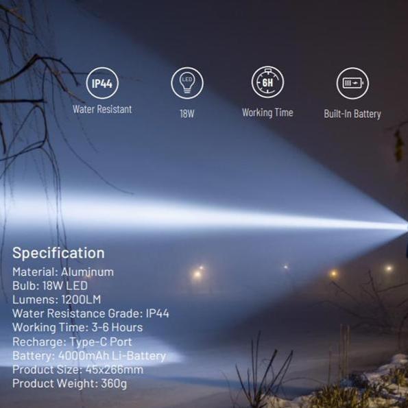 Porodo Slim Outdoor Flashlight High Intensity Light 1200 Lumens