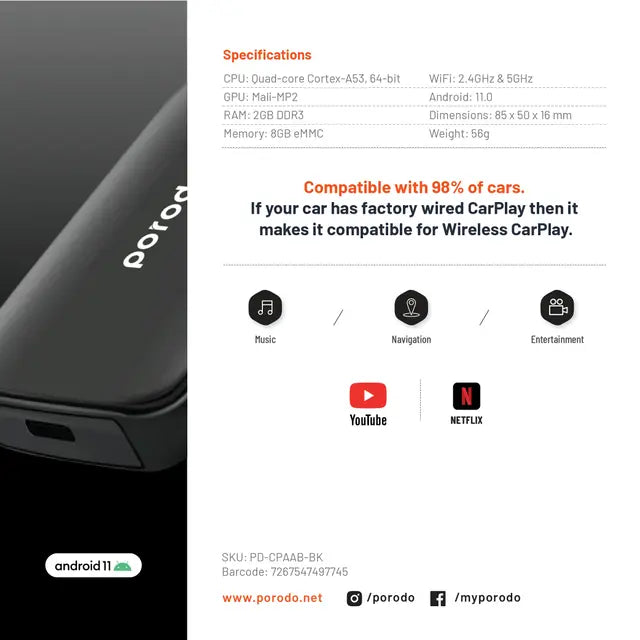 Porodo Wireless CarPlay With Instant Plug & Play
