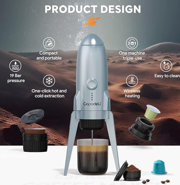 Capadeli “Rocket Design” 3‑in‑1 Portable Espresso Maker