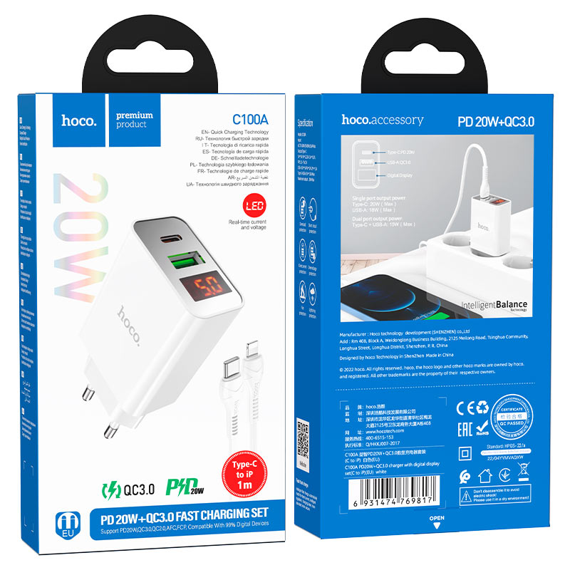 Hoco Wall charger “C100A” PD20W + QC3.0 EU set with cable