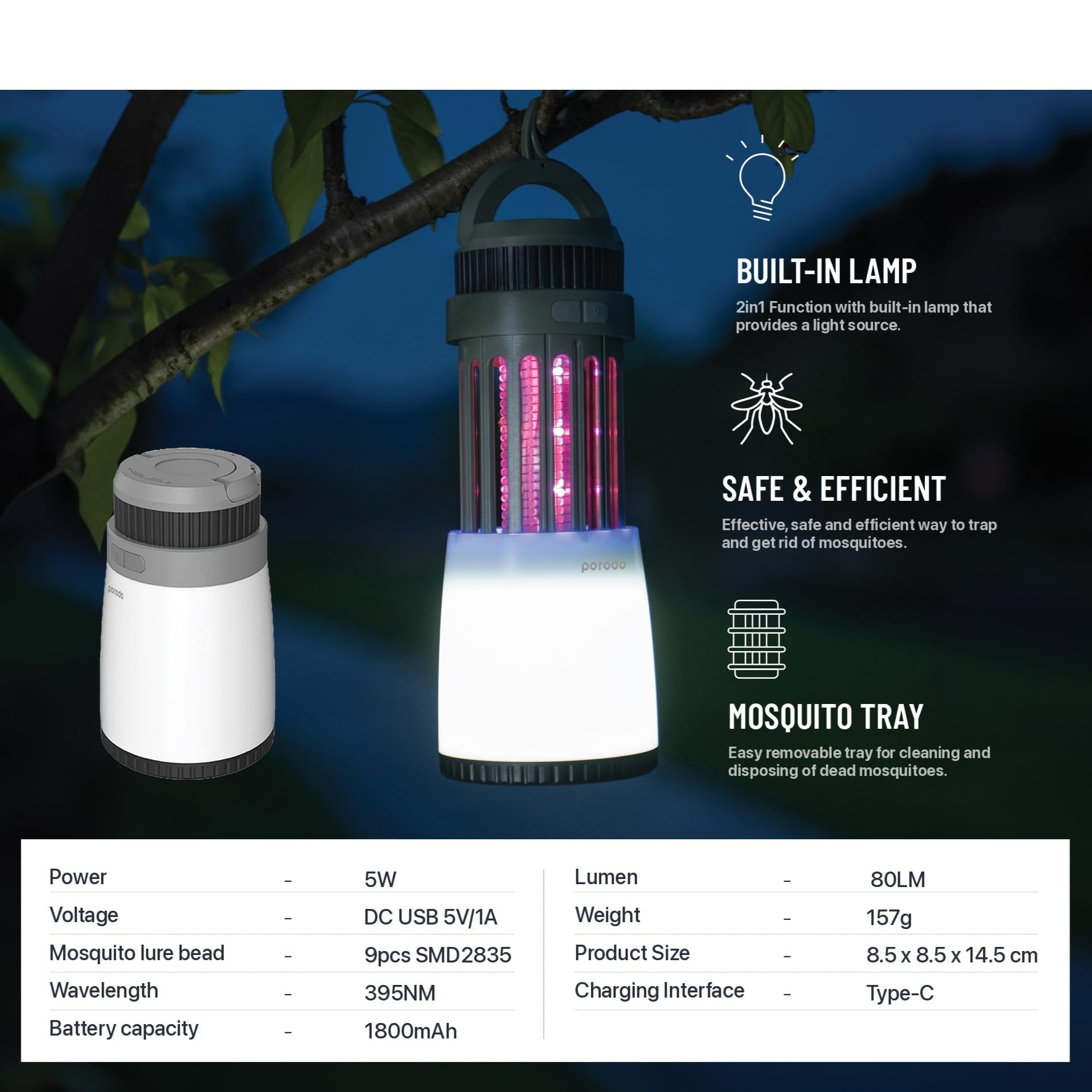 Porodo Portable Lamp Mosquito Zapper